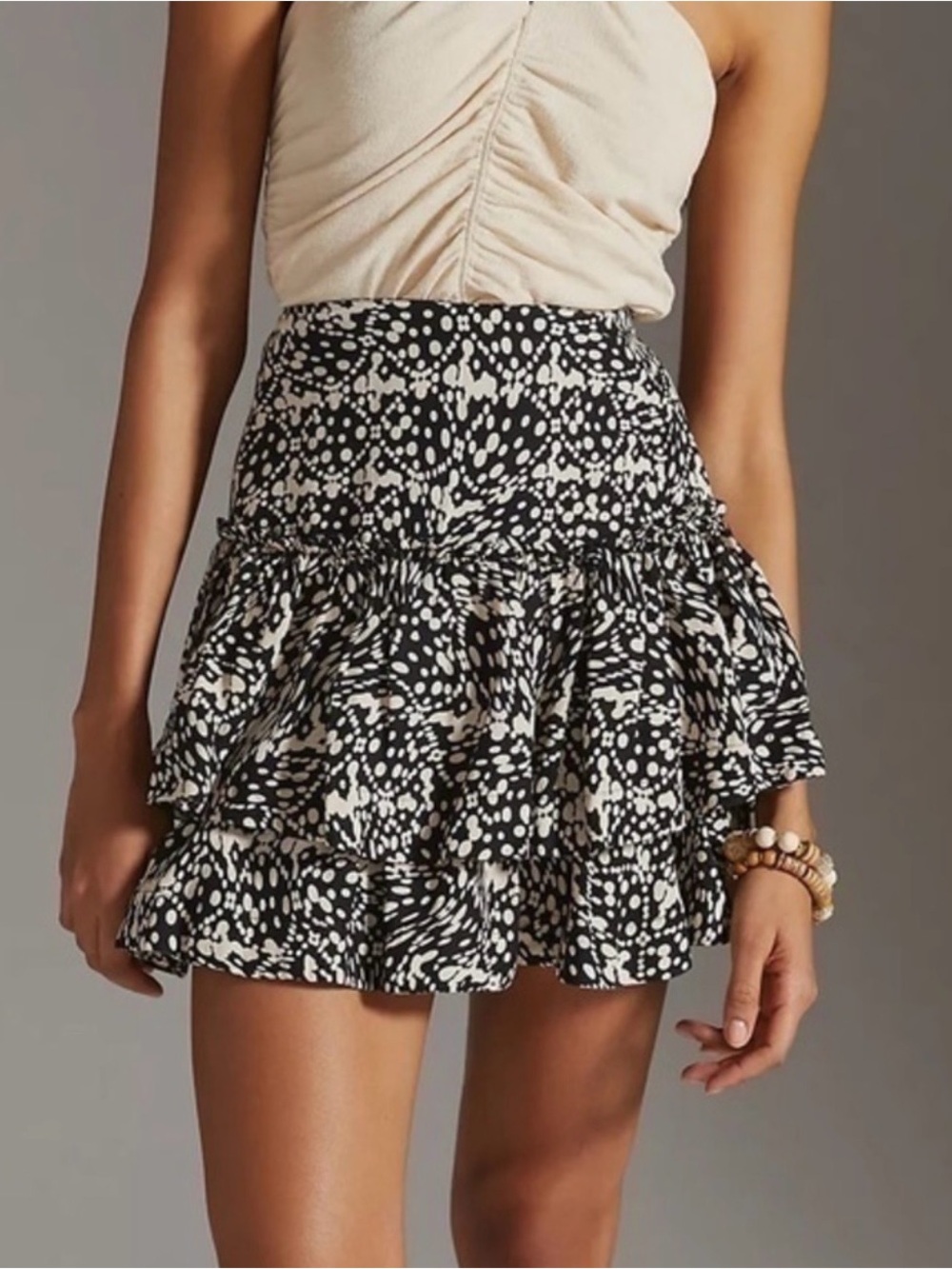 Maeve Black and White Printed Ruffle Mini Skirt